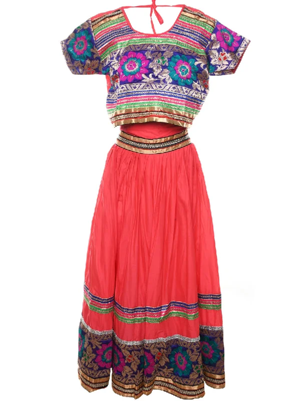 Metallic & Sparkly Patterned Traditional Style Skirt & Top Set - L linen skirt natural