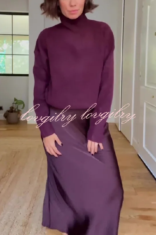 Jaelyn Solid Color Turtleneck Long Sleeve Sweater and Satin Elastic Waist Maxi Skirt Set Beaded Sweater Sequined Faux Fur