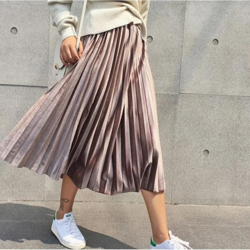 Long Metallic Silver Maxi Pleated High Waist Skirt zip skirt side