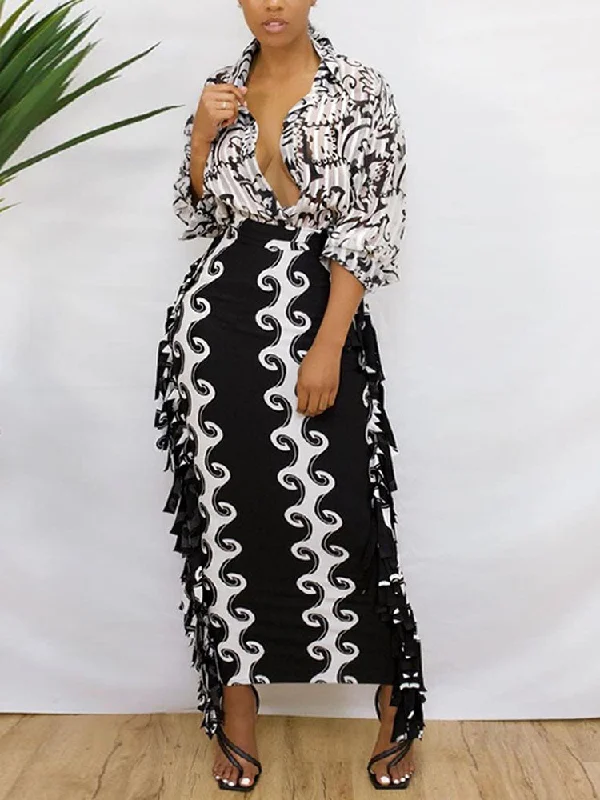 High Waist Tassels Figure Print Maxi Skirts wool skirt sturdy