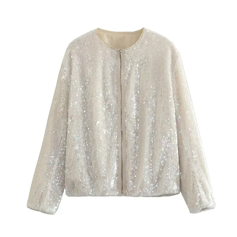 Women Fashion Beaded Zipper Long Sleeve Jacket Print Jacket Jacquard Jacket Patchwork Jacket