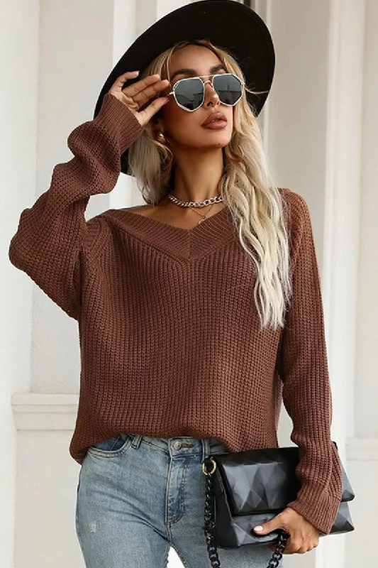 RIBBED V NECK LONG SLEEVE COZY SWEATER Knit Fabric Woven Fabric Fleece Fabric