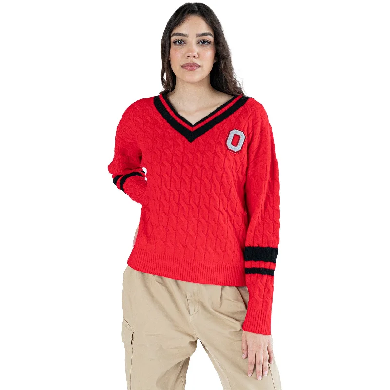 Ladies Ohio State Buckeyes Lusso Cable Knit V-Neck Sweater Chenille Blend Fleece Blend Nylon Blend