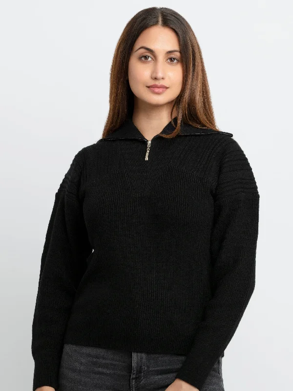 Womens Solid High Neck Sweater Toggled Drawstring Belted