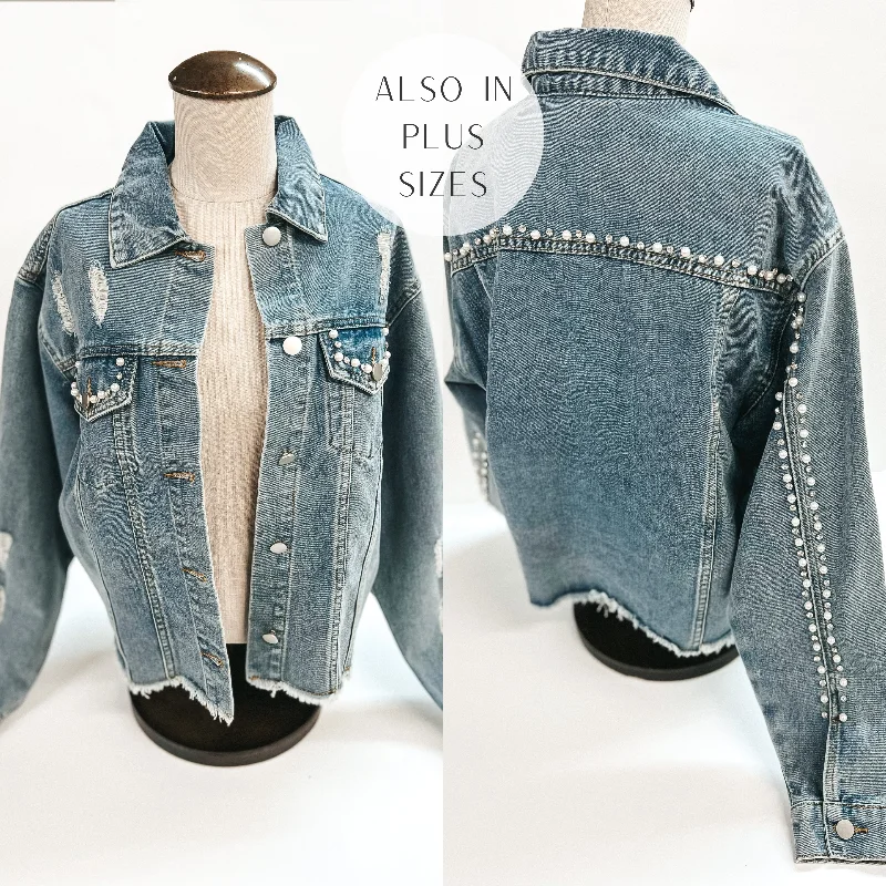 Better Than You Imagined Pearl and Crystal Beaded Denim Jacket in Medium Wash Bomber Jacket Anorak Windbreaker
