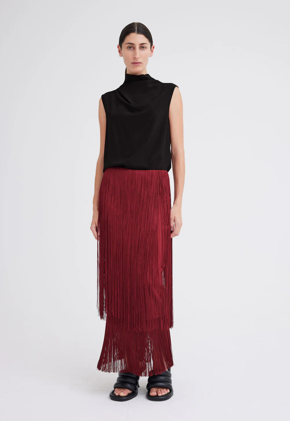 Marquee Wool Fringe Skirt in Cheru Red button skirt front
