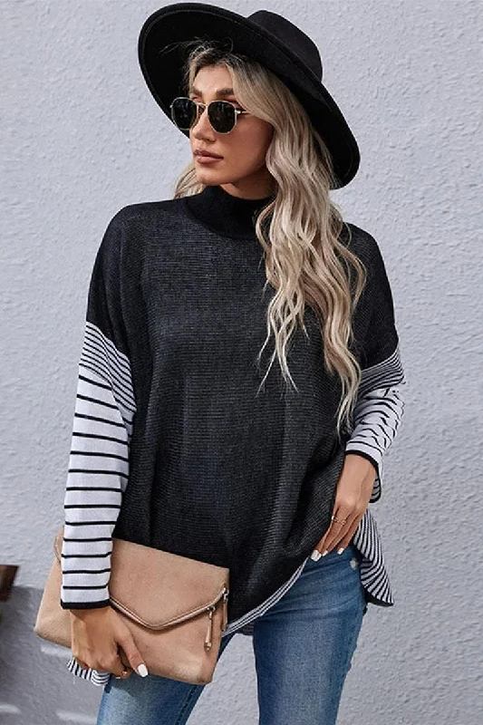 STRIPED SLEEVE HIGH NECK LOOSE FIT CASUAL SWEATER Toggled Drawstring Belted