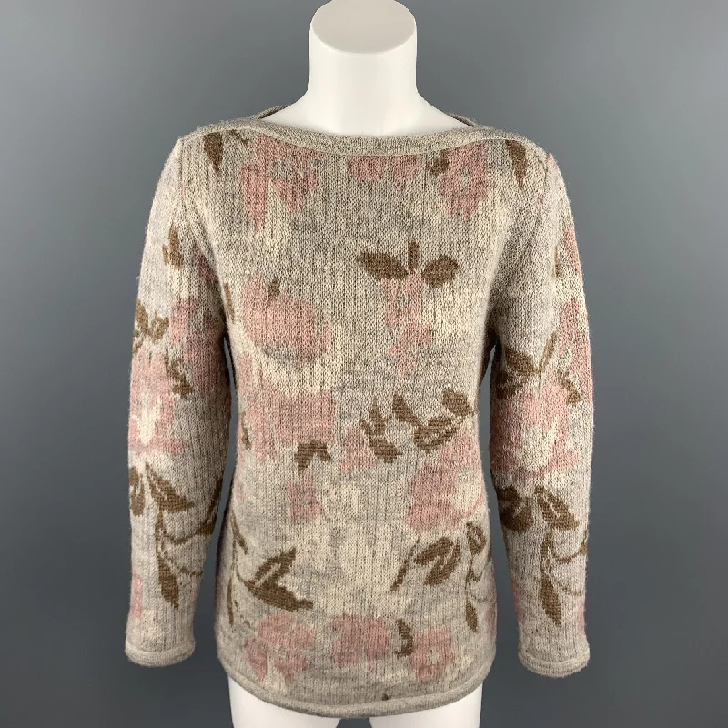 KENZO Size S Grey Knitted Floral Wool Boat Neck Sweater Embroidered Appliqued Beaded