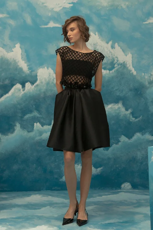 Jewel neckline embelished top with short skirt velvet skirt rich