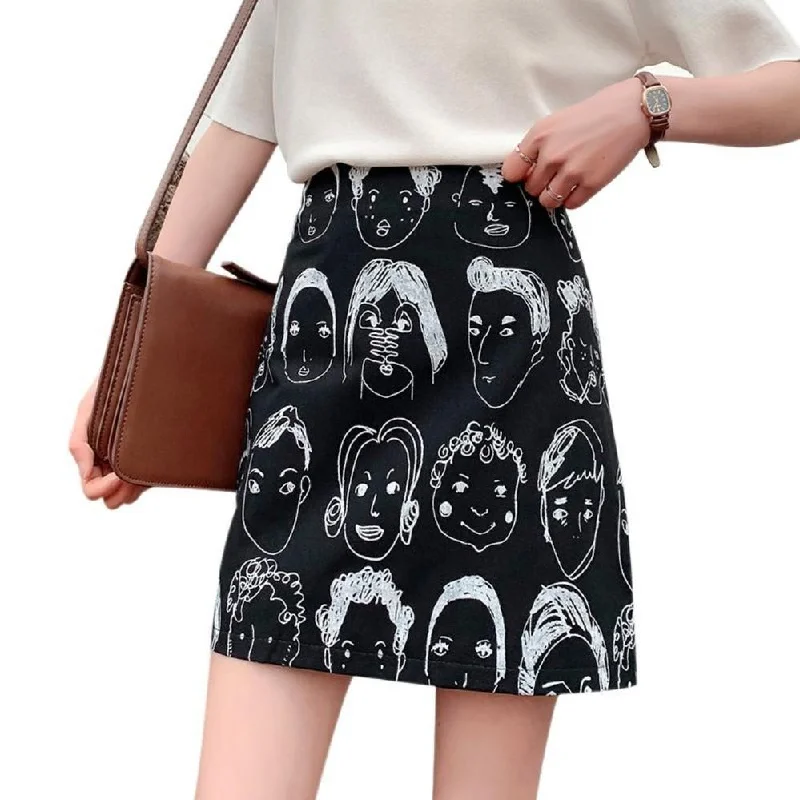 Retro Comic Print High Waist Wild A Line Skirt modal blend skirt