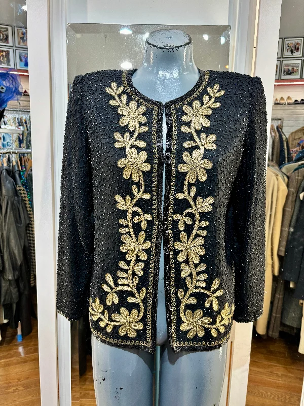 80’s Black & Gold Floral Embroidery Open Jacket By Lawrence Kazar Fleece Jacket Down Jacket Parka