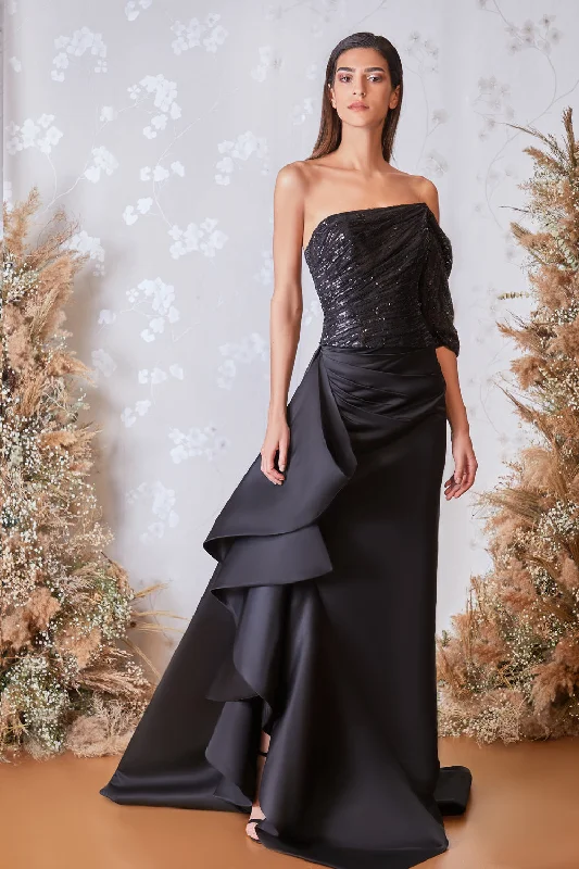 Draped sequined top with cascading ruffled skirt lace skirt intricate