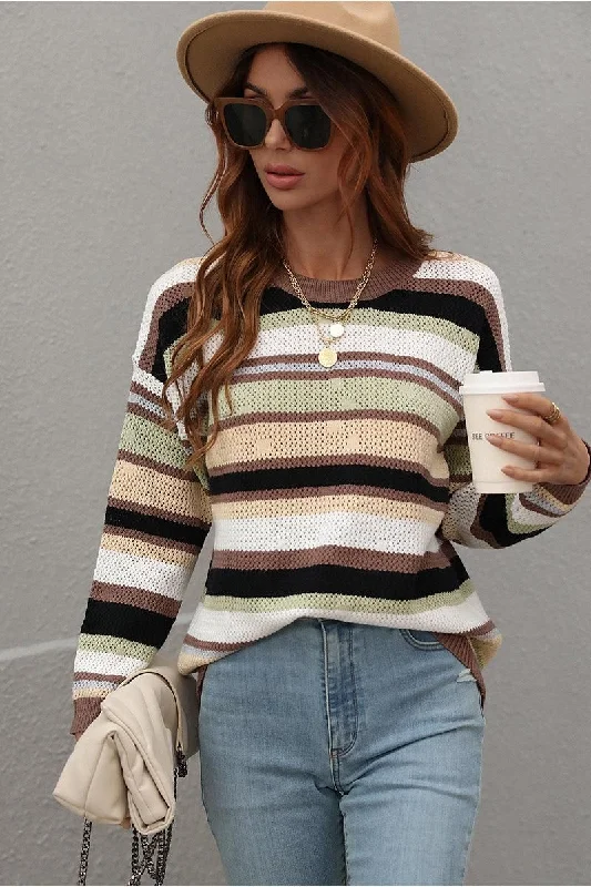 COLORED STRIPE KNIT SWEATER TOP Solid Color Striped Floral Print