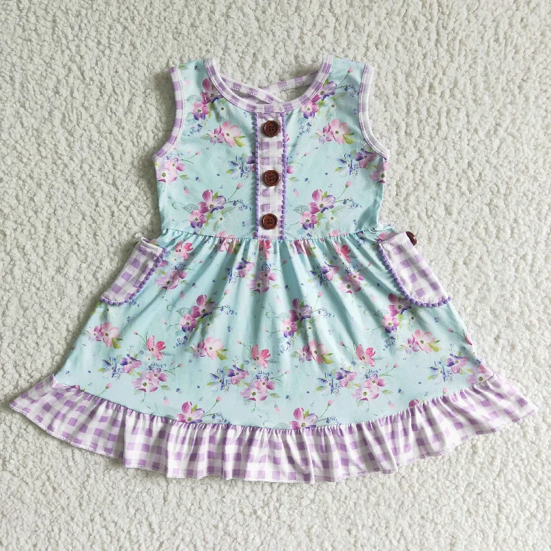 GSD0051 Girls Sleeveless Purple Plaid Pocket Button Flower Skirt zip skirt side