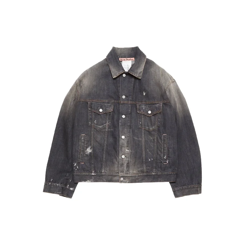 Denim Oversized Fit Jacket (Black) Notch Collar Peter Pan Collar Cowl Neck