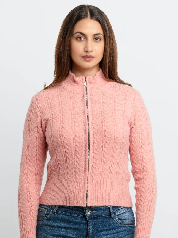 Womens Cable Knit High Neck Sweater Real Fur Shearling Chenille