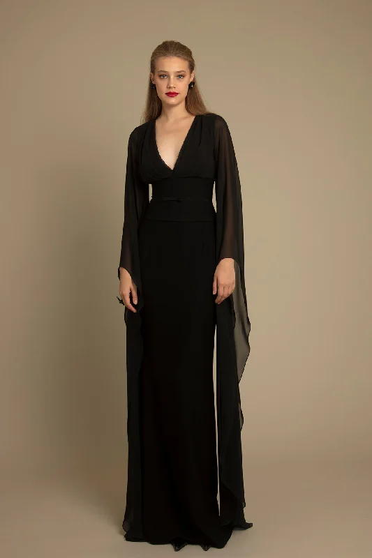 Fitted waistline top with column silhouette skirt chiffon skirt flowing