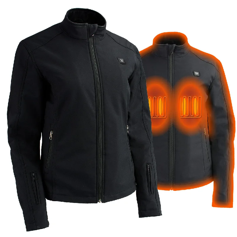 Nexgen Heat MPL2760SET12v Women's Black Soft Shell Jacket with Heating Panels (Rechargeable Battery Pack Included) Denim Jacket Leather Jacket Suede Jacket