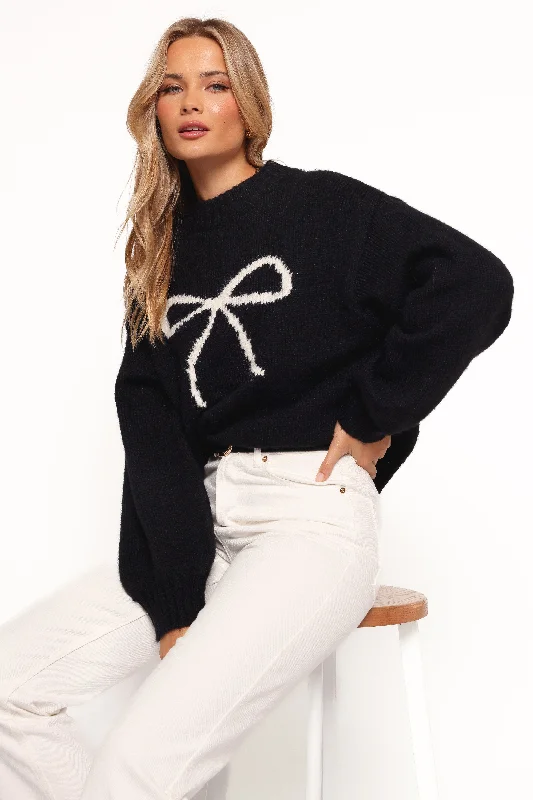 Cecelia Bow Print Mock Neck Knit Sweater - Black Machine Wash Dry Clean Hand Wash