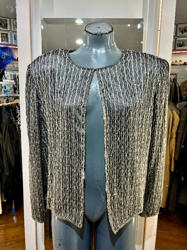 80’s Silver Beaded Open Jacket By Papell Boutique Elasticated Jacket Padded Jacket Insulated Jacket