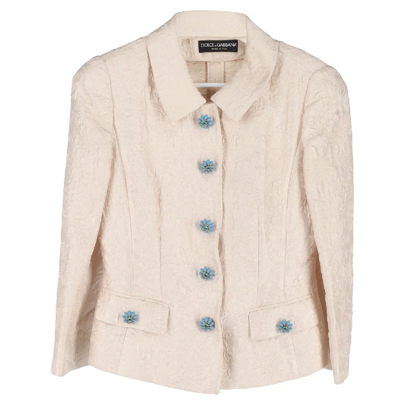 Dolce & Gabbana Floral Print Crystal Embellishmed Suit Jacket in Cream Cotton Ribbed Jacket Pleated Jacket Ruffled Jacket