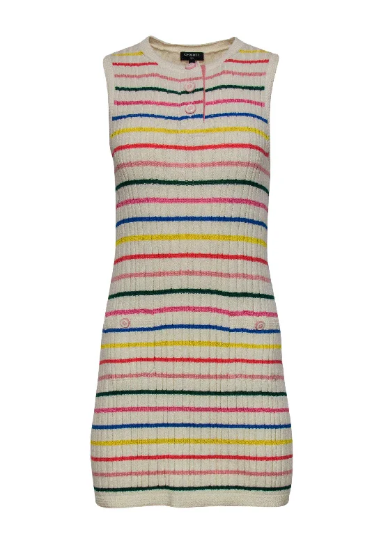 Chanel - Cream & Multicolored Striped Sleeveless Ribbed Knit Sweater Dress Sz 4 Lace Blend Ribbed Blend Corduroy Blend