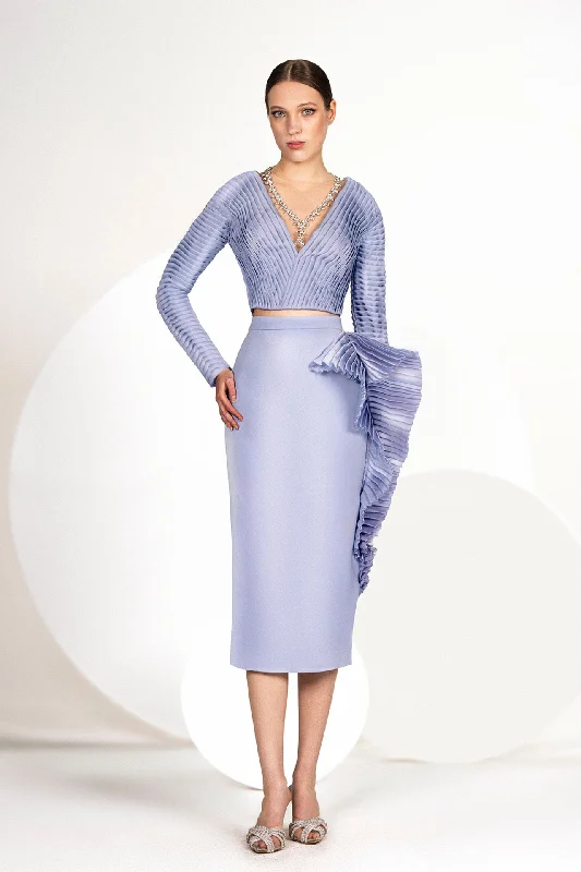 Crystals beaded pleated top with midi skirt corduroy skirt durable