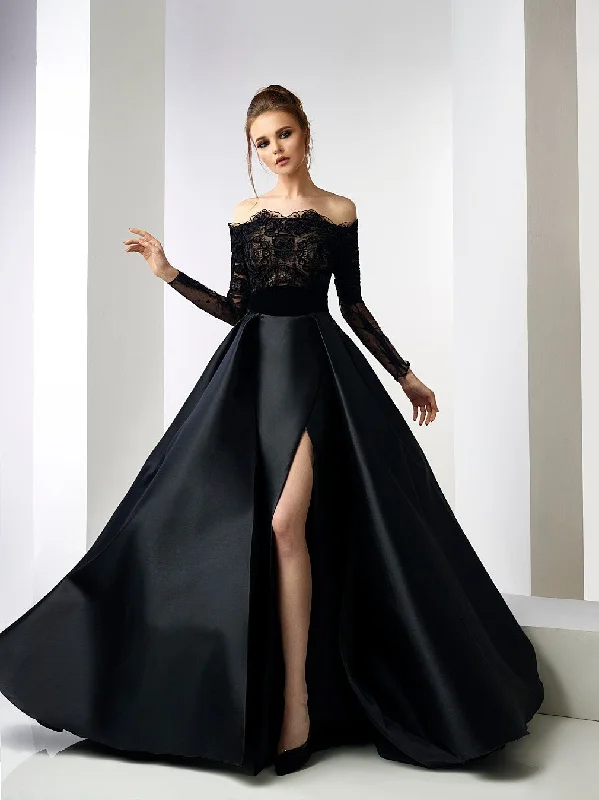 Appliques lace off shoulder top featuring taffeta skirt asymmetrical skirt cut