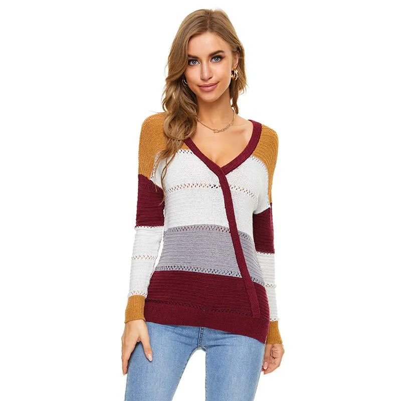 Women Casual Loose V-Neck Color Blocking Knitted Sweater Sweater Knitwear Pullover
