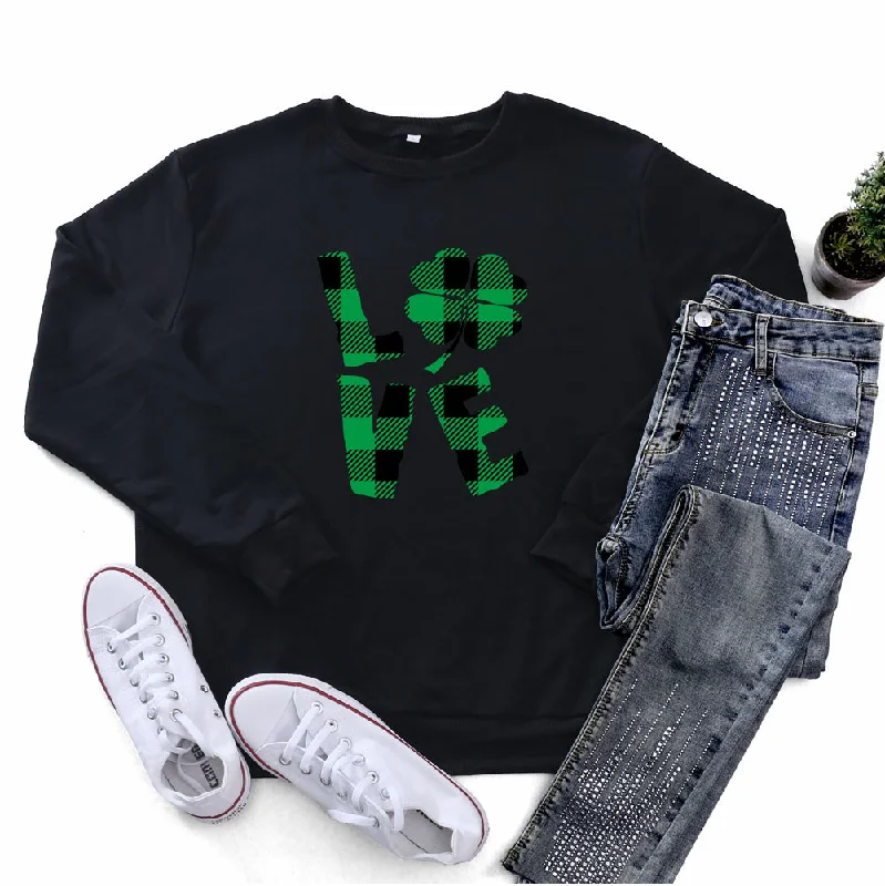 St.Patrick'S Day Fashion Women'S Long-Sleeved LOVE Four-Leaf Clover Print Round Neck Sweater Slim Fit Regular Fit Oversized