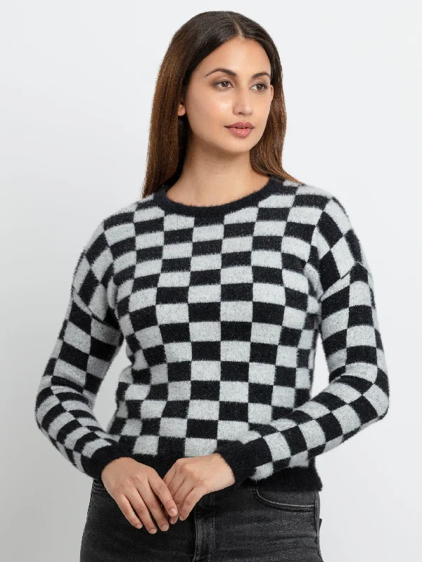 Womens Colour Blocking Round Neck Sweater Ribbed Striped Patterned