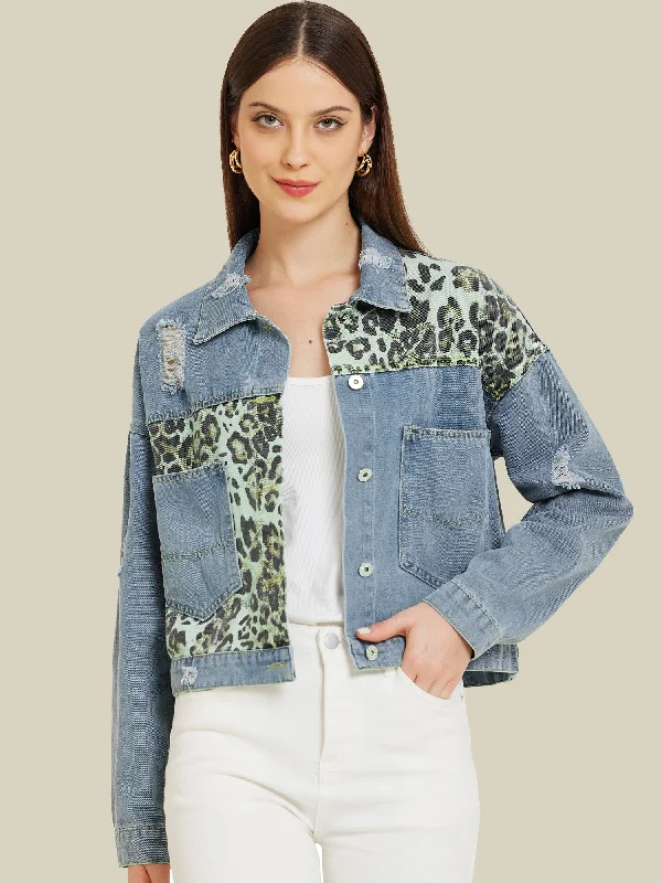 Long Sleeve Leopard Patchwork Cropped Denim Jean Jacket Welt Pockets Slit Pockets Flap Pockets