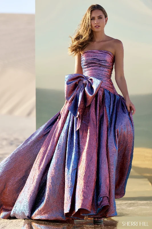 Sherri Hill 56850 Strapless Brocade Gown with Bow on Waistline and Skirt Slit leather skirt durable