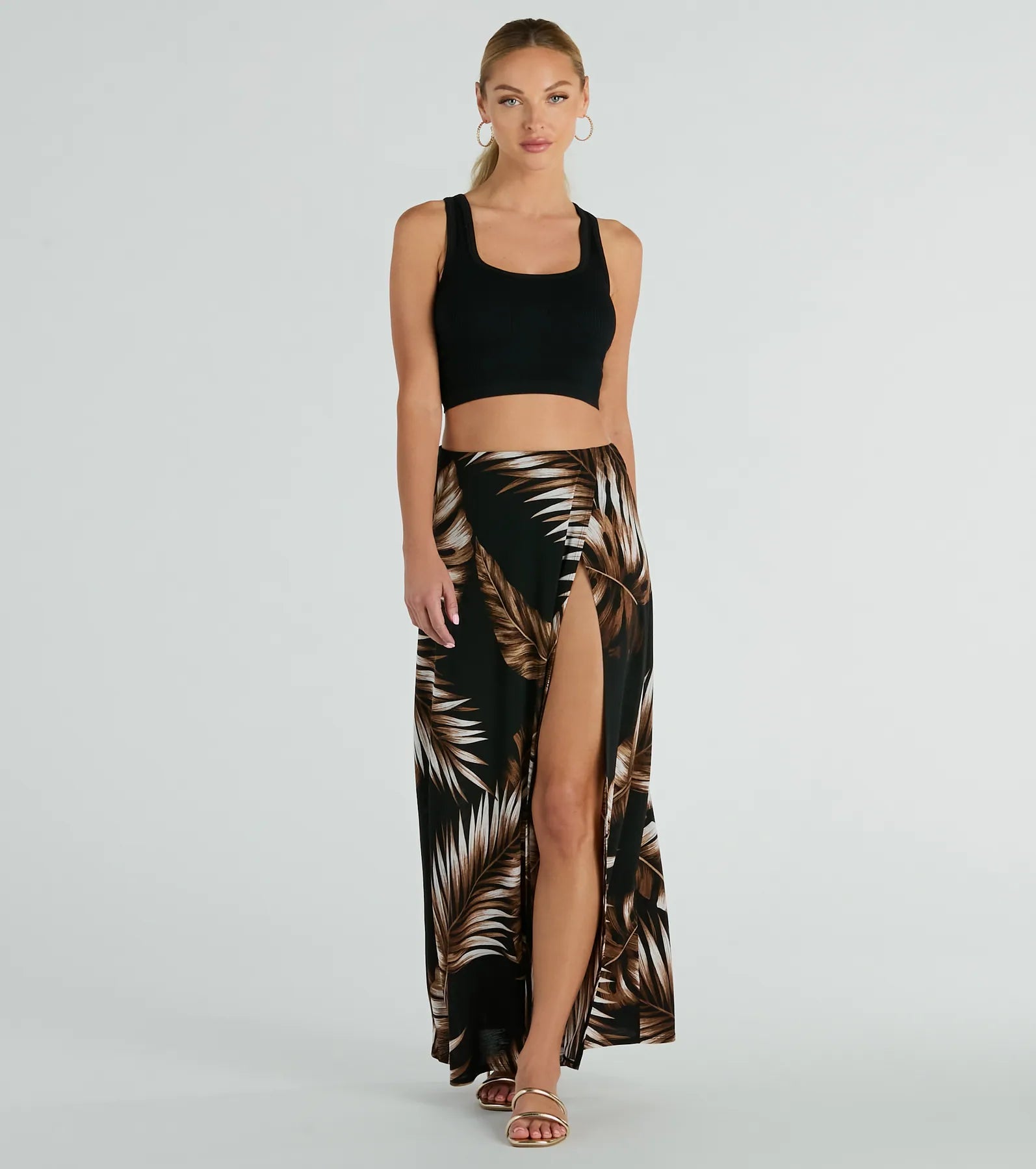 Vacation Queen High-Rise Slit Tropical Maxi Skirt elastic waist skirt