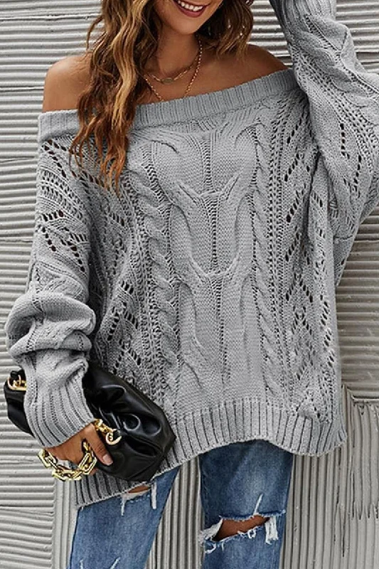 OFF SHOULDER CABLE CHUNKY KNIT OVERSIZED SWEATER，100% ACRYLIC，SIZE S(2)-M(2)-L(2)-XL(2)，MADE IN CHINA，WOMEN BLAZER Elegant Classic Vintage