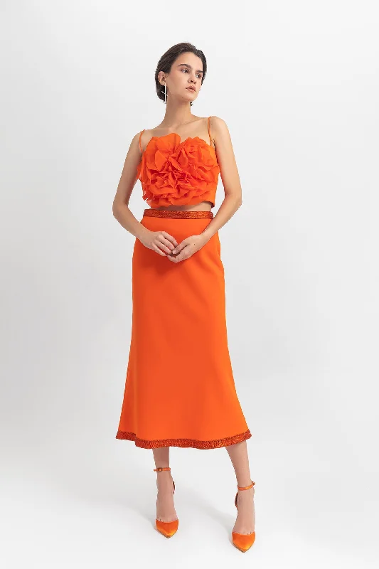 Floral detailed top with midi skirt wool skirt thick