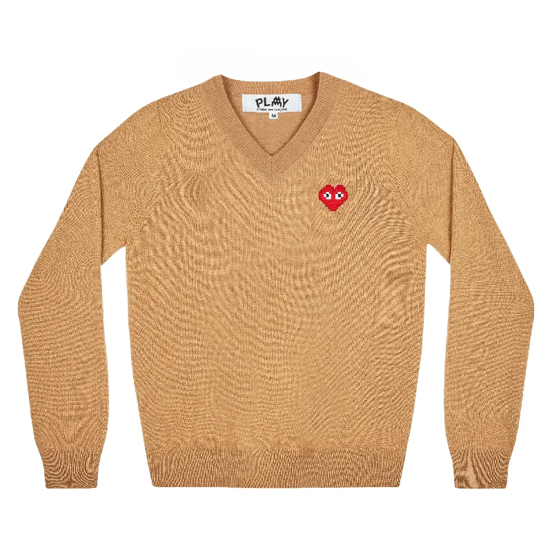 Play Comme des Garçons x the Artist Invader V-Neck Sweater (Camel) Embroidered Appliqued Beaded