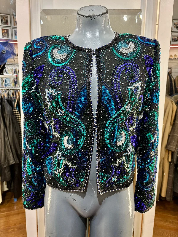 80s’s Black and Turquoise Multicolor Beads Jacket By Lawrence Kazar Insulated Jacket Fitted Jacket Loose Jacket