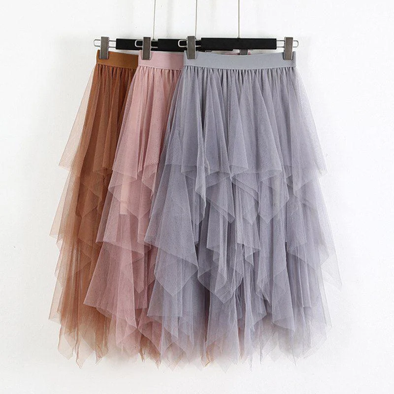 Elastic High Waist Long Tulle Irregular Hem Mesh Tutu Skirt silk skirt lustrous