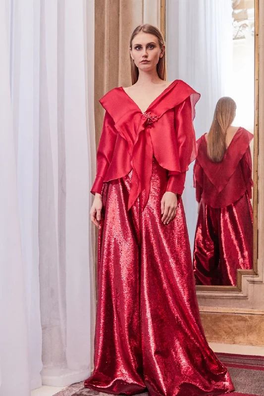 Draped shoulders top with A line skirt cashmere skirt fine