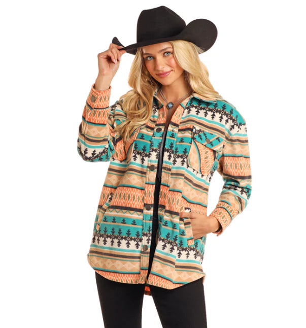 Ladies Rock & Roll Turquoise Aztec Fleece Shirt Jacket - BW92C05212 Faux Fur Fabric Real Fur Fabric Shearling Fabric