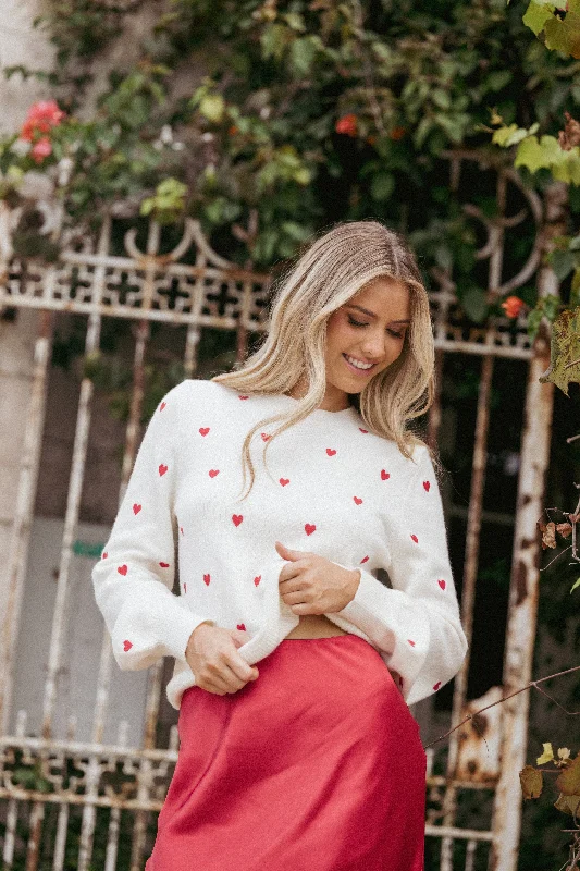 Xadie All Over Mini Heart Sweater - Cream/Red Silk Blend Satin Velvet