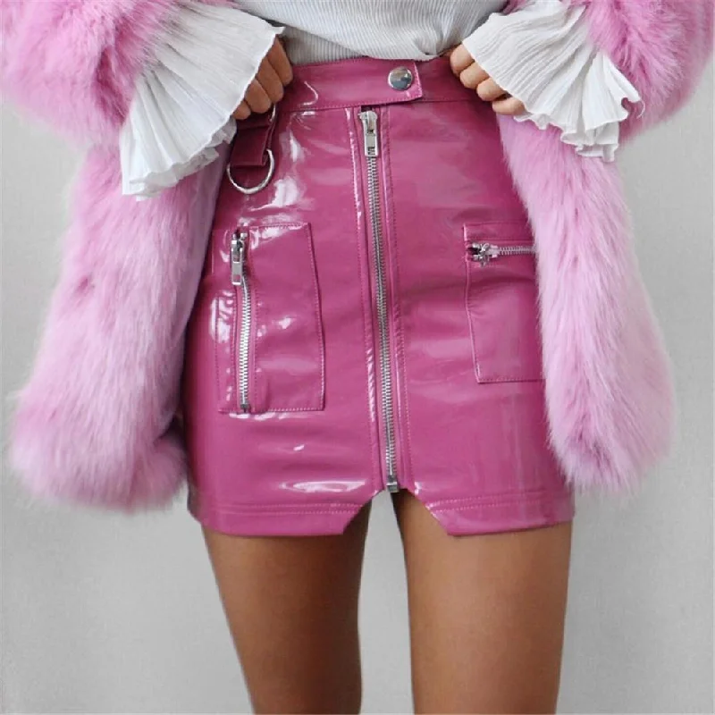 Leather Split Zipper High Waist Slim A line Skirt linen skirt natural