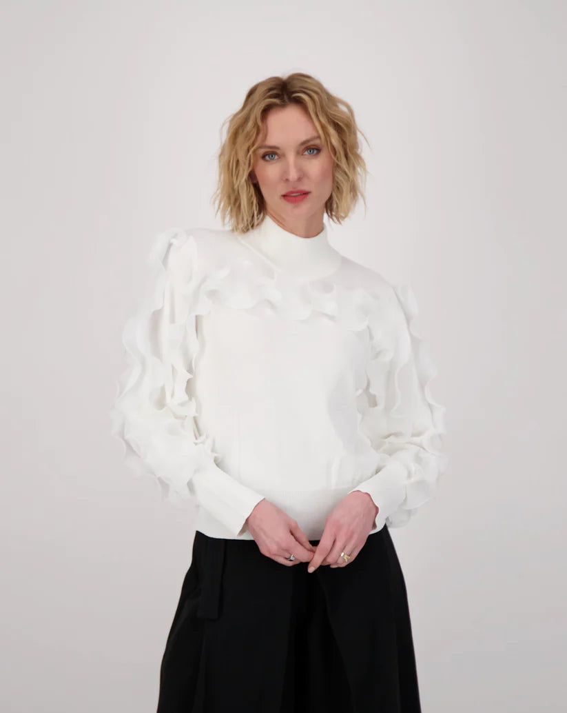 Ruffle trim sweater top - winter white Mesh Blend Leather Blend Suede Blend
