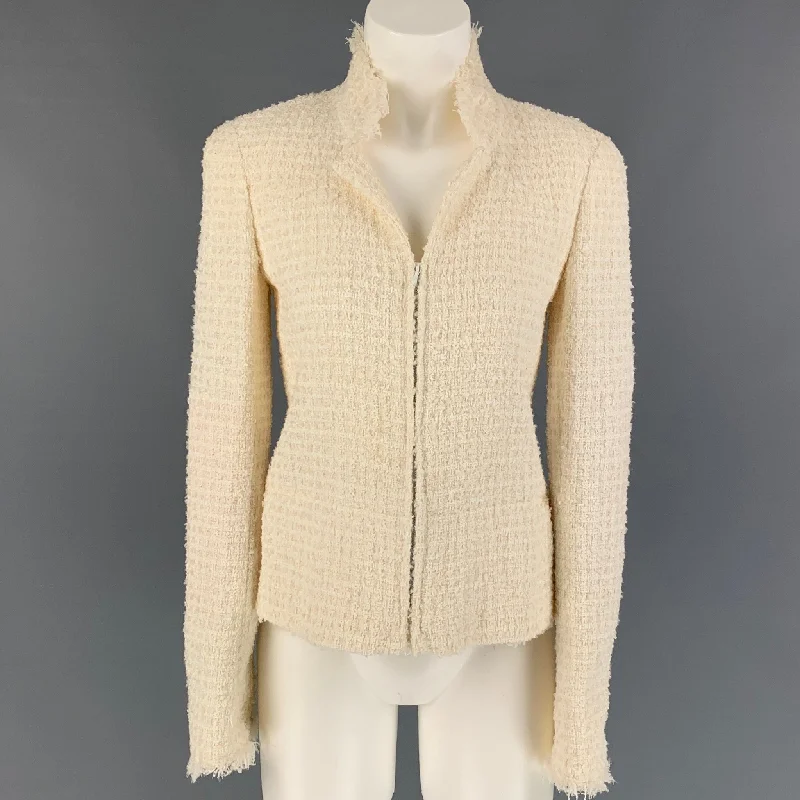 CHANEL 2004 Size 6 Cream Boucle Polyamide Bend Zip Up Jacket Cardigan Sweater Pullover