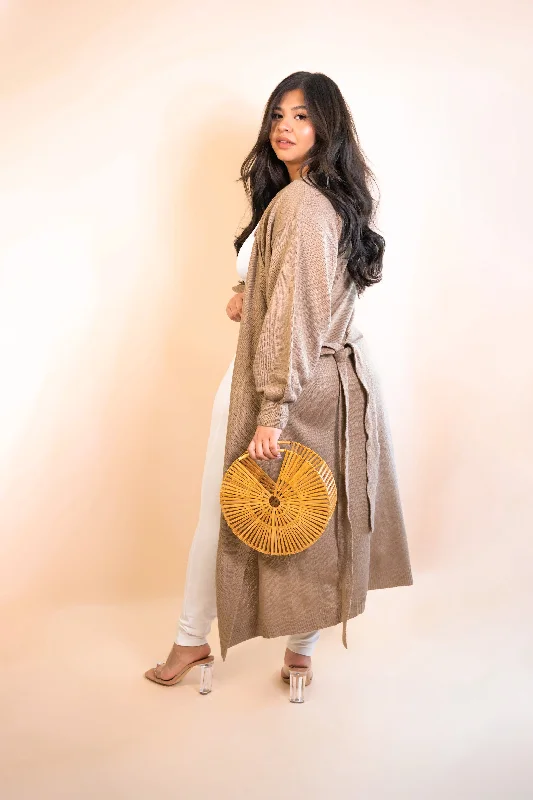 Roslyn Sweater Wrap Midi Dress - Mocha Iron Safe Non-Iron Wrinkle Free