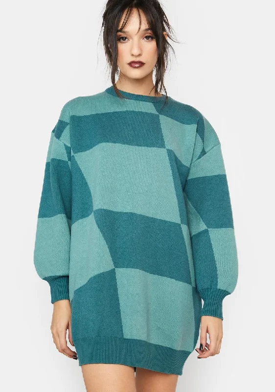 Pursuing You Checkered Sweater Dress Polka Dot Checkered Tartan