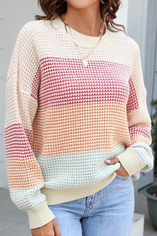 WOMEN WAFFLE KNITTED COLOR BLOCK OVERSIZED SWEATER Lace Blend Ribbed Blend Corduroy Blend