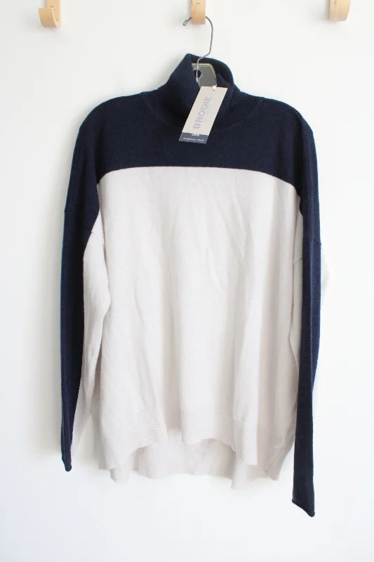 NEW Brodie Cashmere Navy & White Colorblocked Knit Turtleneck Sweater | XL Faux Fur Fabric Real Fur Fabric Shearling Fabric