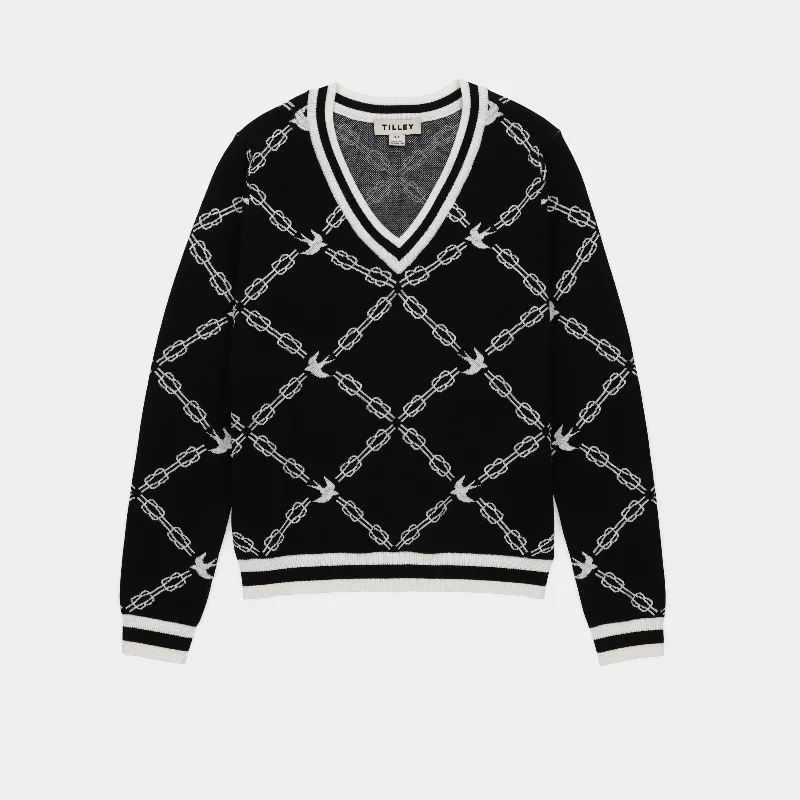 Birdie Links V-Neck Jacquard Sweater Welt Pockets Slit Pockets Flap Pockets